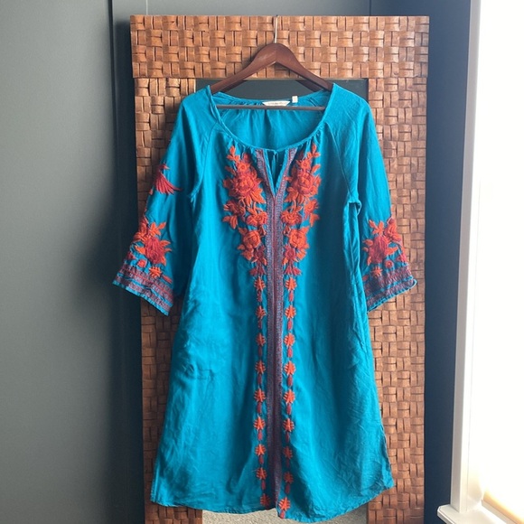 Soft Surroundings Dresses & Skirts - Linen Cotton Blend Teal Embroidered Women's dress Boho